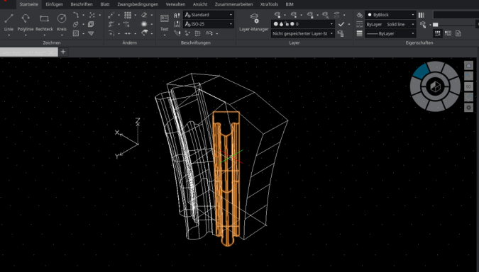 3D-Modell eines Objekts mit orangefarbenen Akzenten auf schwarzem Hintergrund.